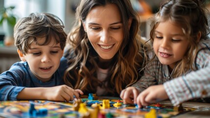 Mother and children enjoying a board game at home