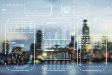 Poster - Multi exposure of stats data illustration on blurry skyline background, computing and analytics concept