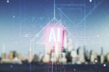 Poster - Creative artificial Intelligence symbol hologram on blurry skyscrapers background. Double exposure