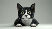 A Cute Black And White Cat Is Sitting On A White Surface. The Cat Has Big Green Eyes And Is Looking At The Camera With A Curious Expression.