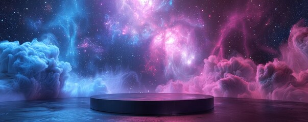 Wall Mural - a round podium on the floor of an empty room, cosmic background with galaxies and nebulae, purple bl