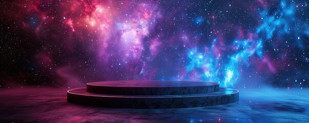 Wall Mural - a round podium on the floor of an empty room, cosmic background with galaxies and nebulae, purple bl