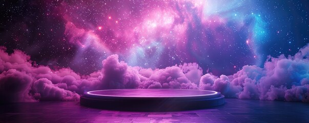 a round podium on the floor of an empty room, cosmic background with galaxies and nebulae, purple blue pink colors, futuristic scene
