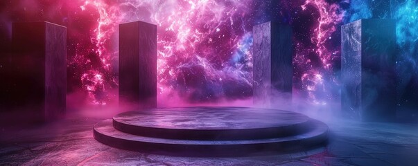 Wall Mural - a round podium on the floor of an empty room, cosmic background with galaxies and nebulae, purple bl