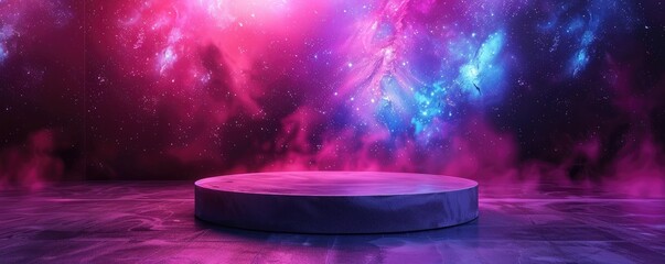 Wall Mural - a round podium on the floor of an empty room, cosmic background with galaxies and nebulae, purple bl