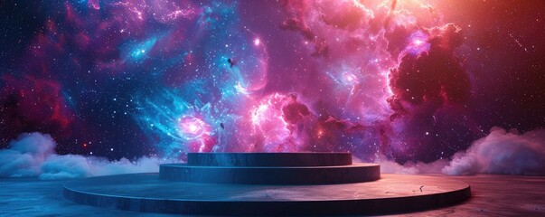 Wall Mural - a round podium on the floor of an empty room, cosmic background with galaxies and nebulae, purple bl