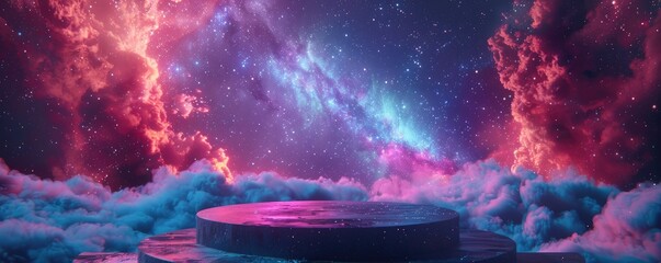 Wall Mural - a round podium on the floor of an empty room, cosmic background with galaxies and nebulae, purple bl