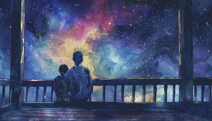 Wall Mural - A man and a boy are sitting on a railing looking at the stars