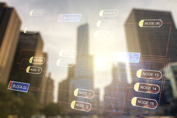 Poster - Double exposure of abstract programming language interface on modern skyscrapers background, research and development concept