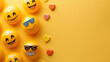 © Sea - World emoji day 3d banner background. Emoji Celebration 3D Banner Background. World emoji day with a funny emojis. World smile day emojis. Mental health assessment, world mental health day concept.