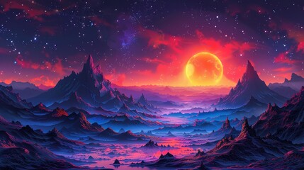 Wall Mural - A scene from an alien world including mountains and a brilliant sun. Generative Ai