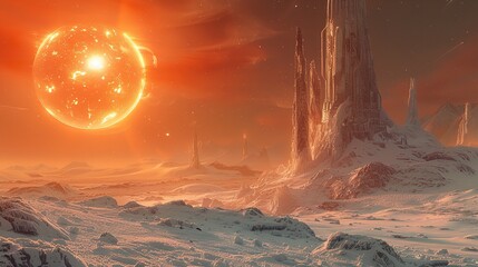 Wall Mural - A scene from an alien world including mountains and a brilliant sun. Generative Ai