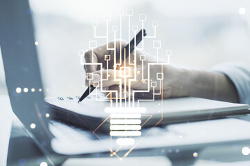Poster - Creative light bulb illustration with microcircuit and hand writing in diary on background with laptop, future technology concept. Multiexposure