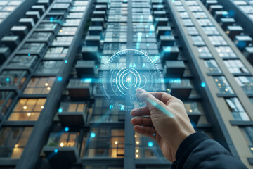 Poster - A hand is pointing at a blue dot on a building. Concept of modern technology and urban life. Smart home concept