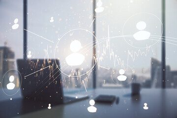 Aufkleber - Social network concept and modern desktop with computer on background. Multiexposure