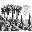 serene Tuscan vineyard landscape with a traditional villa, cypress trees, and distant hills. Sketch engraving generative ai raster illustration. Scratch board imitation. Black and white image.