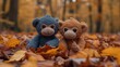   A pair of plush animals perched atop a mound of leaves nestled amidst a dense woodland landscape dotted with towering trees
