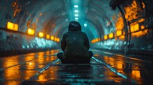 In A Tunnel Scene, A Solitary Boy Sits On A Curb At The Right Side.