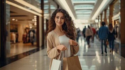 Wall Mural - Nice pretty woman with shopper at mall. Beautiful girl in store with purchases. AI Generated