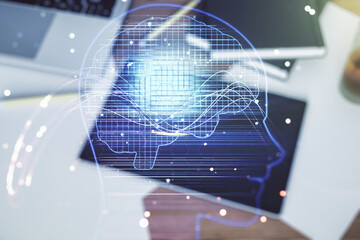 Poster - Double exposure of creative artificial Intelligence symbol and digital tablet on background, top view. Neural networks and machine learning concept