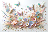 Fototapeta Tulipany - Glass art wildflowers and butterflies with crystal accents on white