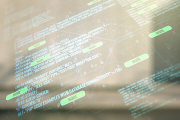 Aufkleber - Abstract virtual coding concept on blurry modern office building background. Multiexposure