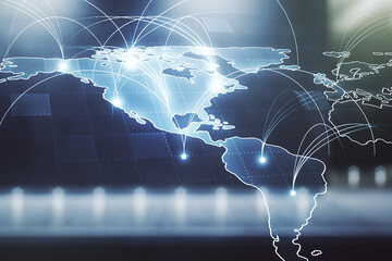 Poster - Double exposure of abstract digital world map hologram with connections on contemporary business center exterior background, big data and blockchain concept