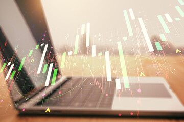 Poster - Double exposure of abstract creative financial diagram on modern laptop background, banking and accounting concept