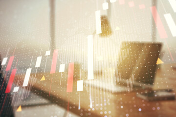 Poster - Multi exposure of abstract creative financial graph with world map on modern laptop background, forex and investment concept