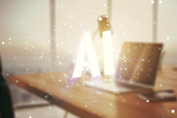 Poster - Creative artificial Intelligence symbol concept with modern laptop on background. Multiexposure