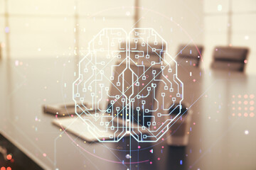 Poster - Double exposure of creative artificial Intelligence symbol with modern laptop on background. Neural networks and machine learning concept