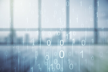 Aufkleber - Double exposure of abstract virtual binary code hologram on empty modern office background. Database and programming concept