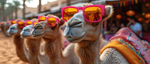 A Many Camels Wearing Sunglasses On Their Heads And Neck