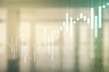 Aufkleber - Abstract virtual financial graph hologram on empty corporate office background, forex and investment concept. Multiexposure