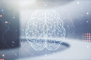 Poster - Virtual creative artificial Intelligence hologram with human brain sketch on empty corporate office background. Multiexposure