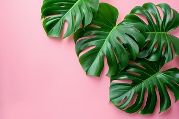 Poster - On pink background, tropical leaves Monstera. Top view, flat lay