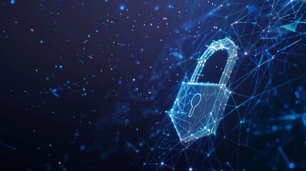 Poster - An illustration or background illustrating a lock made from a polygonal wireframe mesh that resembles a constellation in the dark blue night sky with dots and stars.