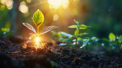 Aufkleber - Protection of the environment, production of renewable and sustainable energy sources. Plant growing in bulbs