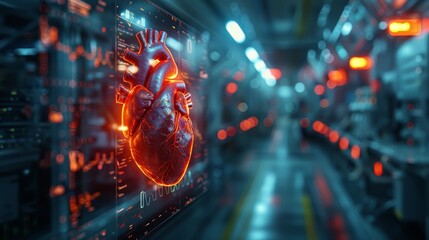 Aufkleber - An illuminating cardiovascular medical hud screen appears on top of a blurry hospital interior background. Concept of online medicine, cardiology, and health.
