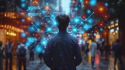 Fototapete - In this back view, a young businessman presses digital medical buttons against a blurry interior background. Double exposure while he presses the buttons.