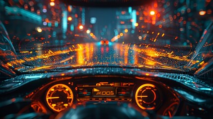 Aufkleber - An empty cockpit in a vehicle and a self-driving graphic screen with flare lights in the smart car (HUD) concept.