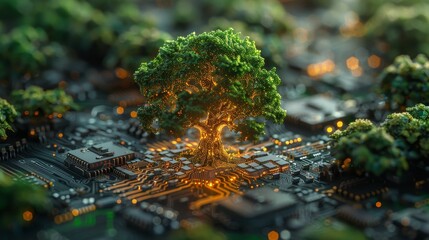 Canvas Print - Future technology concept in futuristic polygonal style. Glowing neon tree in the background of a circuit board. Modern illustration of future tech growth and development.