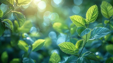 Poster - The background consists of blurred foliage and sky with a bright bokeh. A blurry abstract summer background using natural green leaves as the cover page.