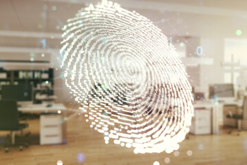 Aufkleber - Double exposure of virtual creative fingerprint hologram on a modern furnished office interior background, protection of personal information concept