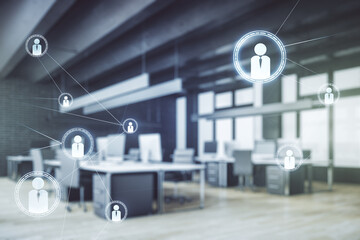 Poster - Abstract virtual social network hologram on a modern furnished classroom background. Double exposure