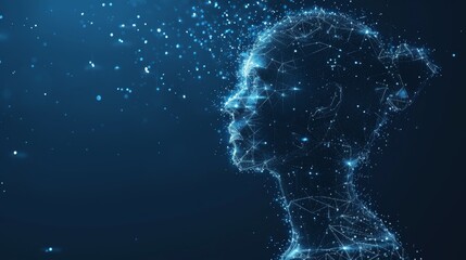 Fototapete - An abstract isolated human body on a blue background. Hyperbolic polygonal top of adult man surrounded by particles, lines, and connected dots. Digital concept of medicine and healthy living. A low