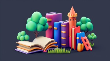 Poster - An online education banner with a dark background and a modern 3D render of a book library concept.
