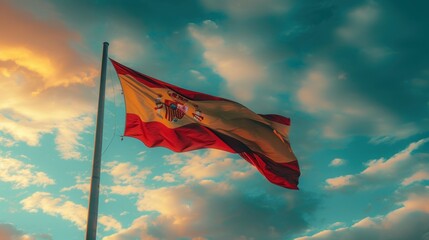 Wall Mural - Flag of Spain, National symbol waving against cloudy, blue sky, sunny day