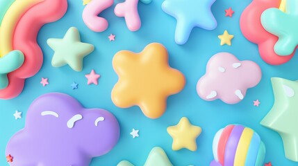Leinwandbilder - Abstract 3D render of color abstract shape. Kid doodle graphic element. Cute cloud, flower shape, star, wave, rainbow, doodle in trendy modern style. Modern cartoon illustration.