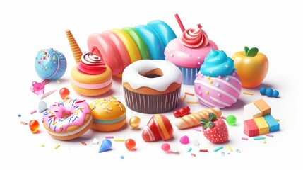 Poster - Food icons with 3D modern realistic images. Cupcakes, cake, donuts, candy, and candy bars.